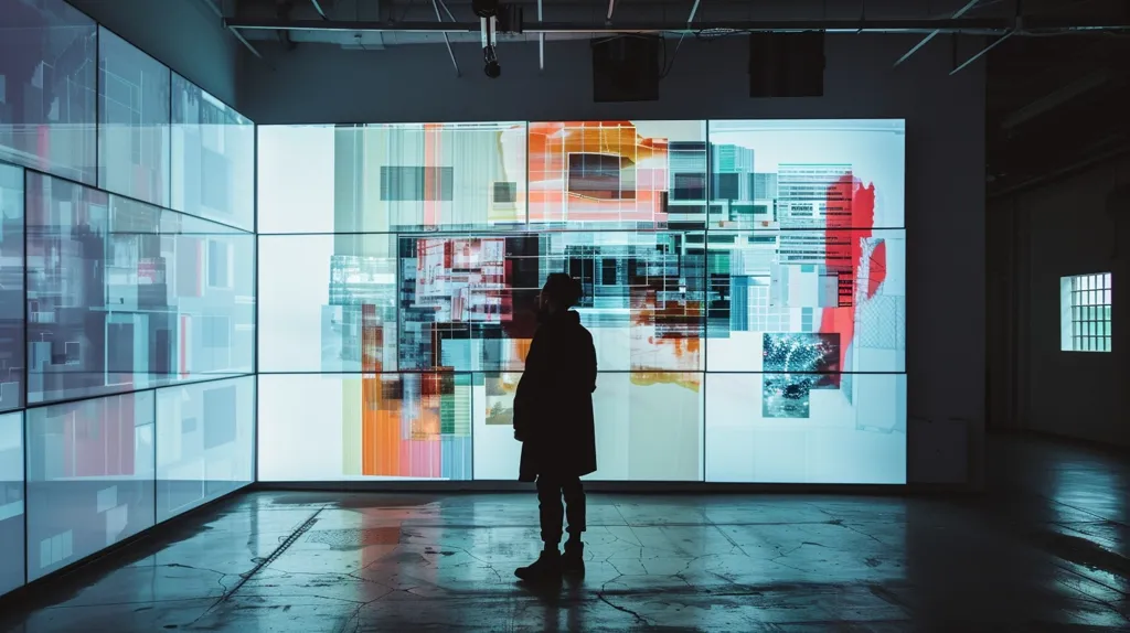The image shows a person standing in front of a large, digital art installation. The installation is made up of many individual screens, each displaying a different abstract image. The person is silhouetted against the bright, colorful screens, their face obscured. The scene is set in a modern, minimalist space with concrete floors and high ceilings. The lighting is cool and artificial, creating a sense of mystery and intrigue.