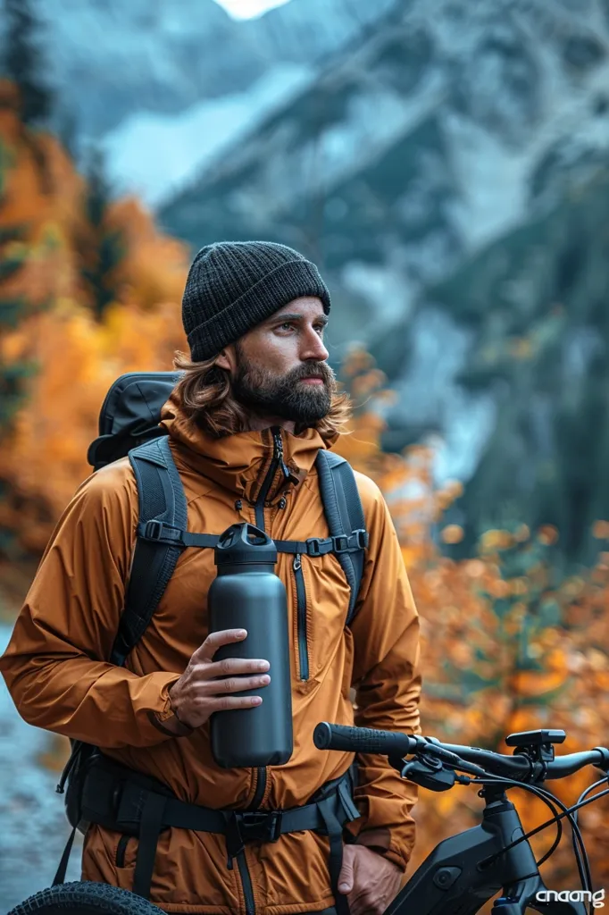 A man with a beard, wearing a black beanie and an orange jacket, is standing in a forest, holding a black water bottle. He is wearing a backpack and has a black mountain bike nearby. Autumn leaves are scattered on the ground, and the background is a blurred image of a mountain range. The man looks off into the distance, contemplating the beauty of the forest.  He is enjoying the peace and serenity of nature.