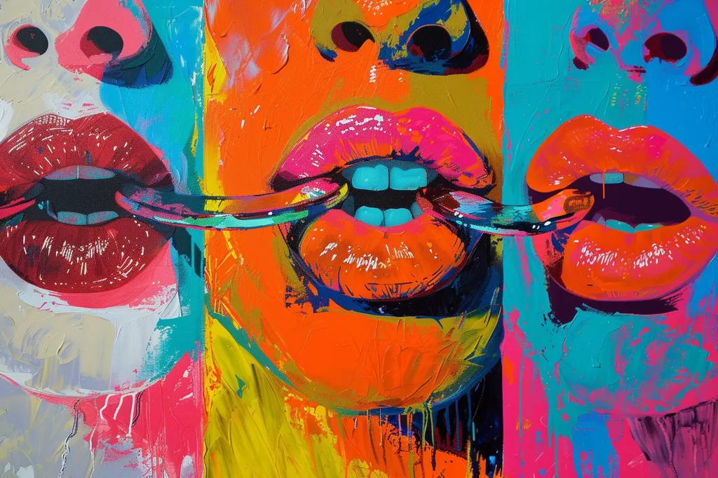 A vibrant and abstract painting features three close-ups of lips, each with a different color scheme and expression. The middle lips are painted in a bright orange and pink, with blue teeth and a dripping effect. The lips on the left are red and pink, while the lips on the right are orange and red. All three lips have a sensual and provocative feel.  The background is a mix of yellow, blue, and pink, adding to the overall feeling of energy and chaos. The painting is a bold and expressive work of art.
