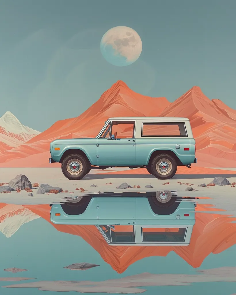 A light blue vintage Ford Bronco sits on a dusty road in the desert. The landscape is minimal, with large orange dunes and a full moon in the pale blue sky. The car is reflected perfectly in a body of still water, creating a surreal and mirrored image. The image evokes a sense of stillness and isolation in the vast desert landscape.