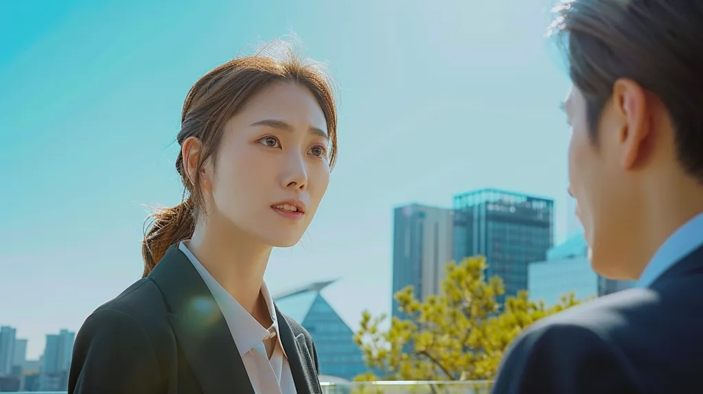 A young woman in a black blazer and white shirt is looking at a man in a suit. The man is looking in another direction, with his back to the camera. They are both standing in front of a blue sky and city buildings. The woman has her hair pulled back and her expression is serious. The man has short dark hair. The scene is shot from a slightly low angle.