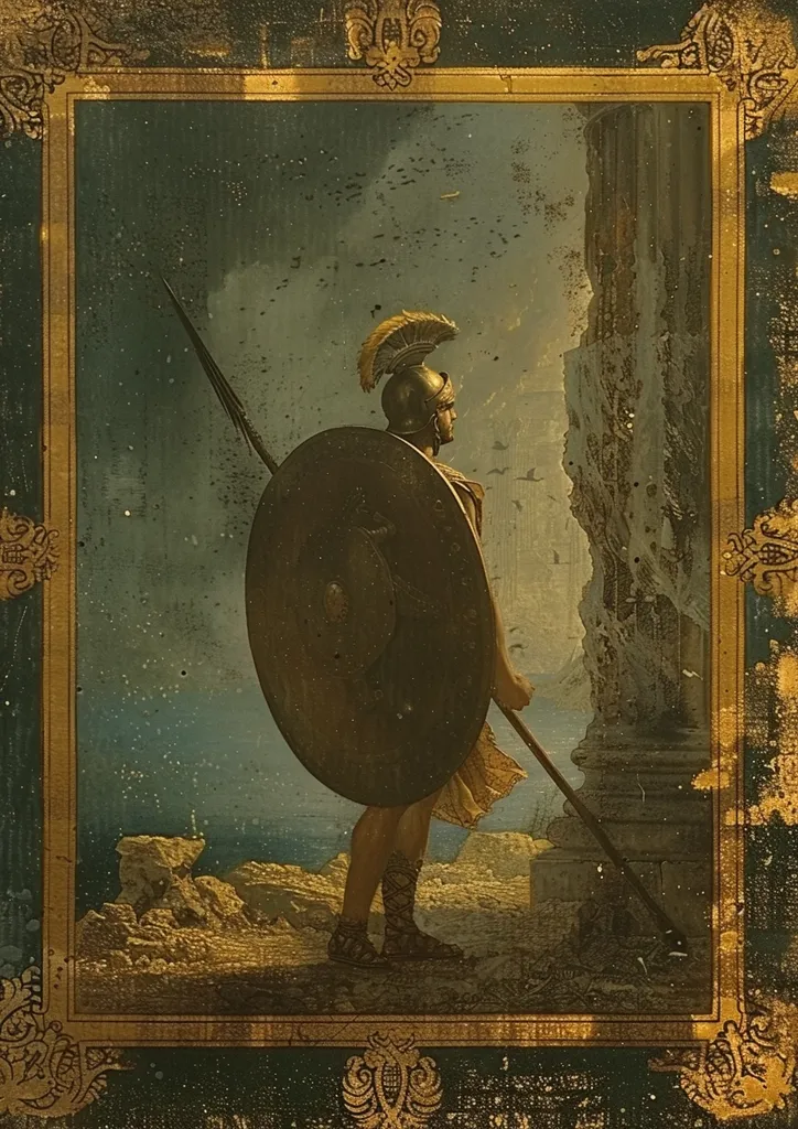 A Roman soldier stands in front of a ruined column, holding a spear and shield. He is facing away from the viewer, gazing at a distant scene. The background is a pale blue with a hint of green, possibly representing the sky and sea.  The scene is framed by a ornate gold border.  The artwork gives a sense of solitude and reflection.