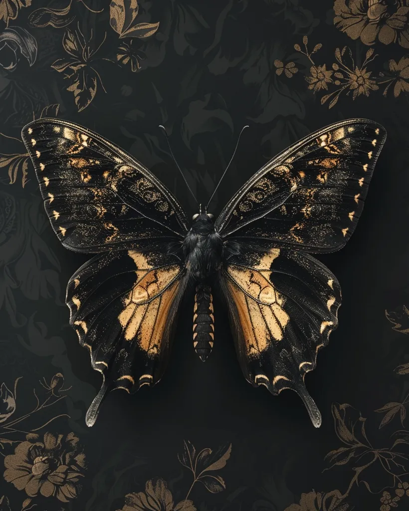 A large, black and gold butterfly with long, delicate wings sits against a dark background adorned with a subtle pattern of gold flowers. The butterfly's wings have intricate patterns of black and gold, creating a striking contrast against the dark backdrop. The image is a study in elegance and detail.