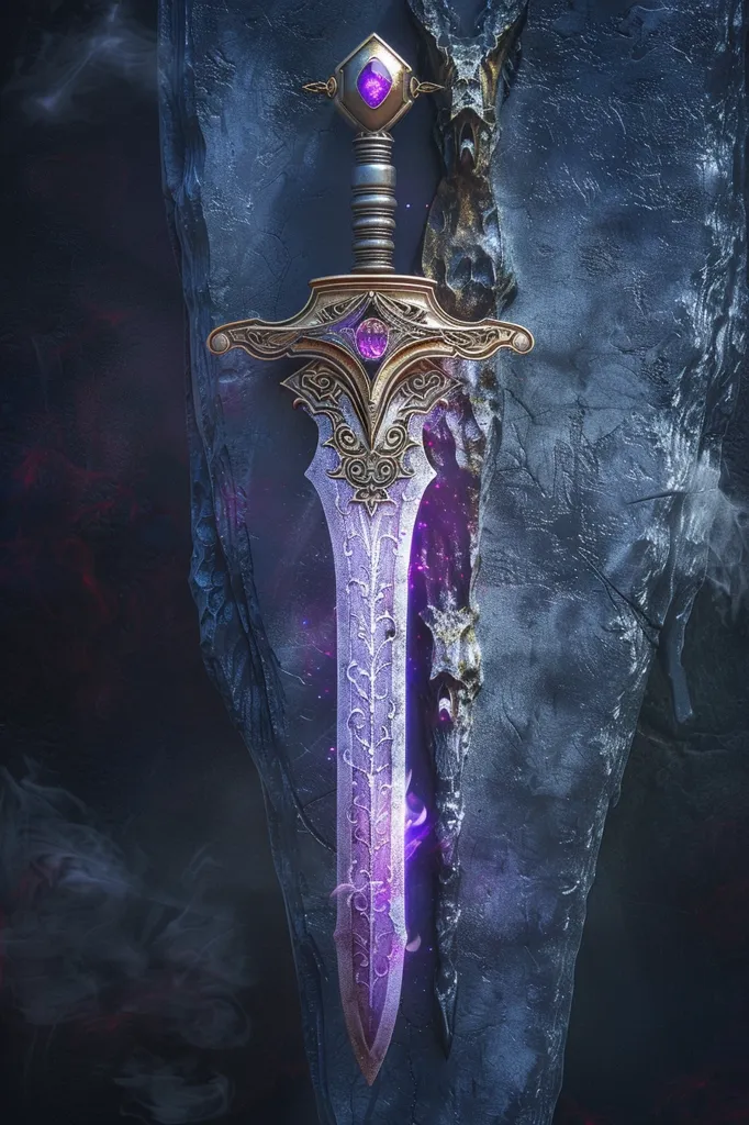 The image shows a silver and gold sword with a purple gem at the top of the hilt. The blade is ornate and glows with purple light, as if imbued with magical energy. It is set against a dark, textured background, suggesting a mystical and powerful object.