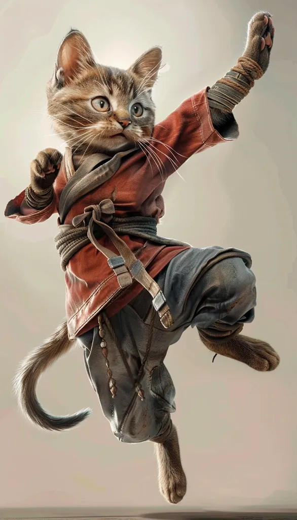 A tabby cat is dressed in a red and blue martial arts uniform, mid-kick with one arm outstretched. The cat's expression is serious and focused, emphasizing its determination and strength. The lighting highlights the textures of the cat's fur and the fabric of its outfit, adding to the visual appeal. The overall image is humorous and whimsical, presenting the cat as a skilled martial artist.