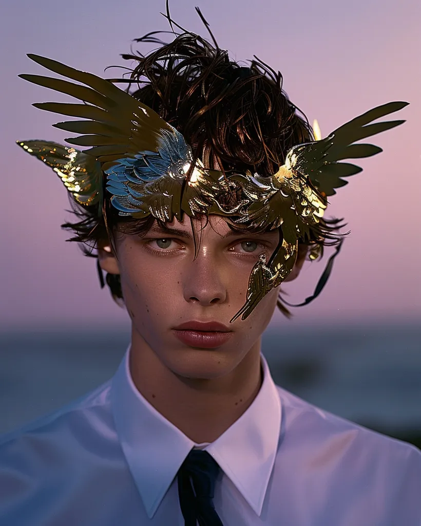 A young man with short brown hair wears a white button-down shirt and black tie. He stares intensely at the camera with a serious expression.  A golden, winged crown sits on his head, the intricate design featuring feathers and a detailed bird motif. The backdrop is a soft, diffused purple, creating a dramatic and ethereal atmosphere.