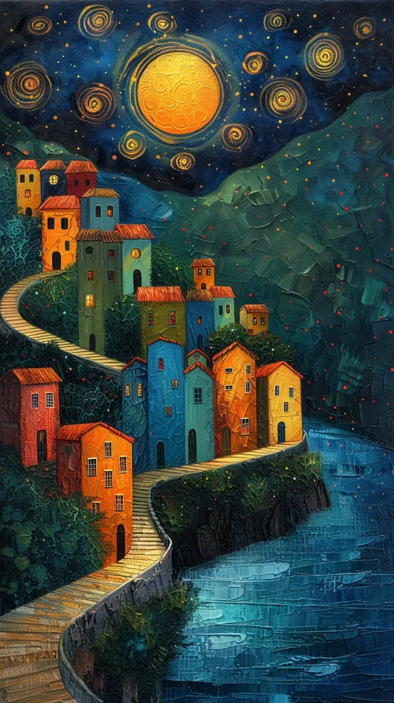 A whimsical painting depicting a village nestled on a hillside under a starry night. A large, yellow moon dominates the sky, surrounded by swirling stars. The village features colorful houses with winding pathways leading down to a tranquil blue body of water.  The painting's thick brushstrokes and textured details create a dreamlike atmosphere.