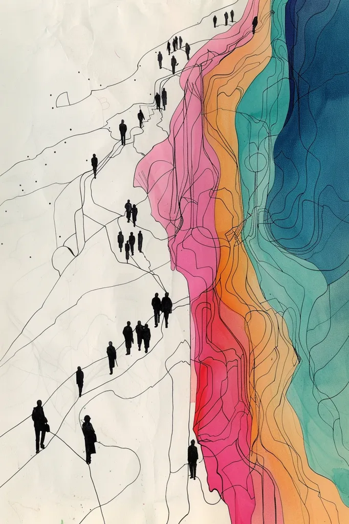 The image depicts a group of people walking along a path, with a large, vibrant wall of pink, orange, and turquoise watercolor on the right. The wall is made up of several layers of color, and is outlined with black lines. The people are all silhouetted in black, and are walking towards the wall, which is almost like a barrier. The background is a white canvas, with some light grey markings to represent a textured surface.