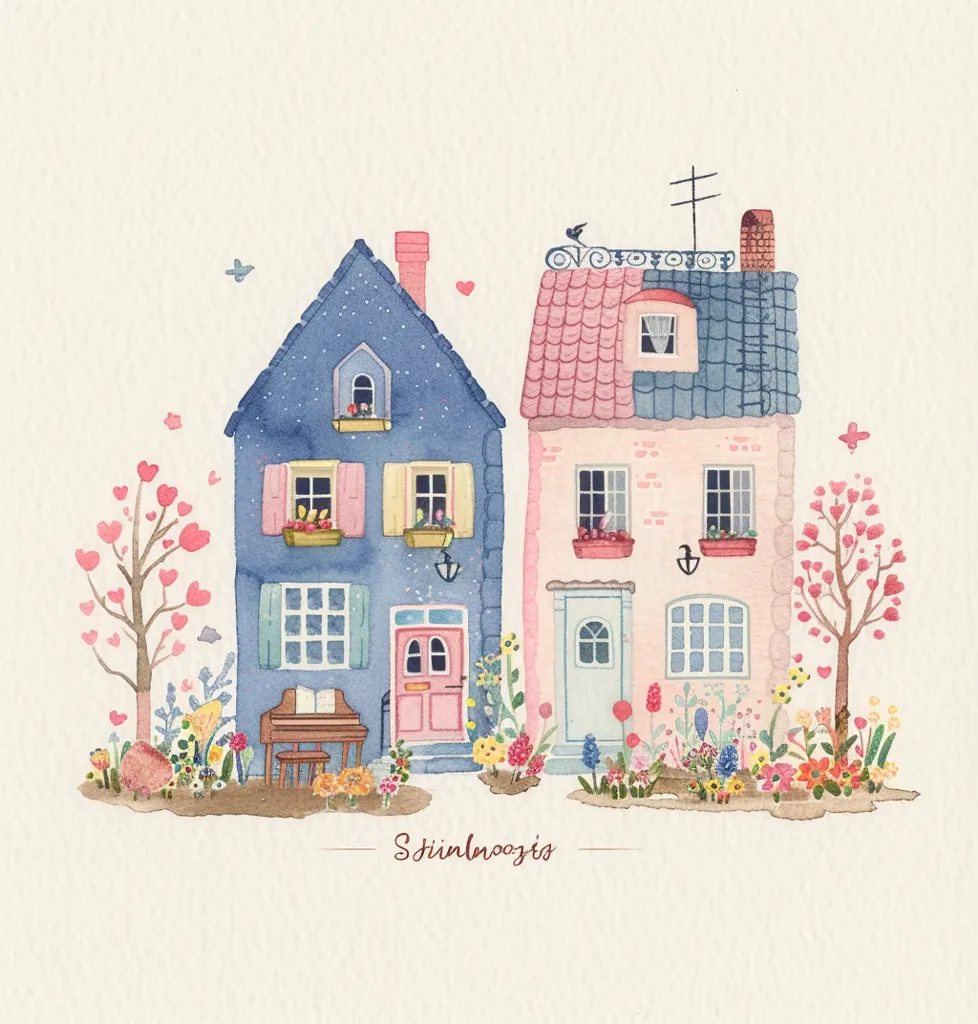 A watercolor illustration of two charming houses in a spring garden. The house on the left is blue with a red door, while the one on the right is pink with a light blue door. Both houses have blooming flowers in front of them, adding a touch of color and life to the scene. The garden is filled with various flowers and trees, including two trees with heart-shaped leaves. The artist's signature "Stinlnoozis" is placed below the illustration.