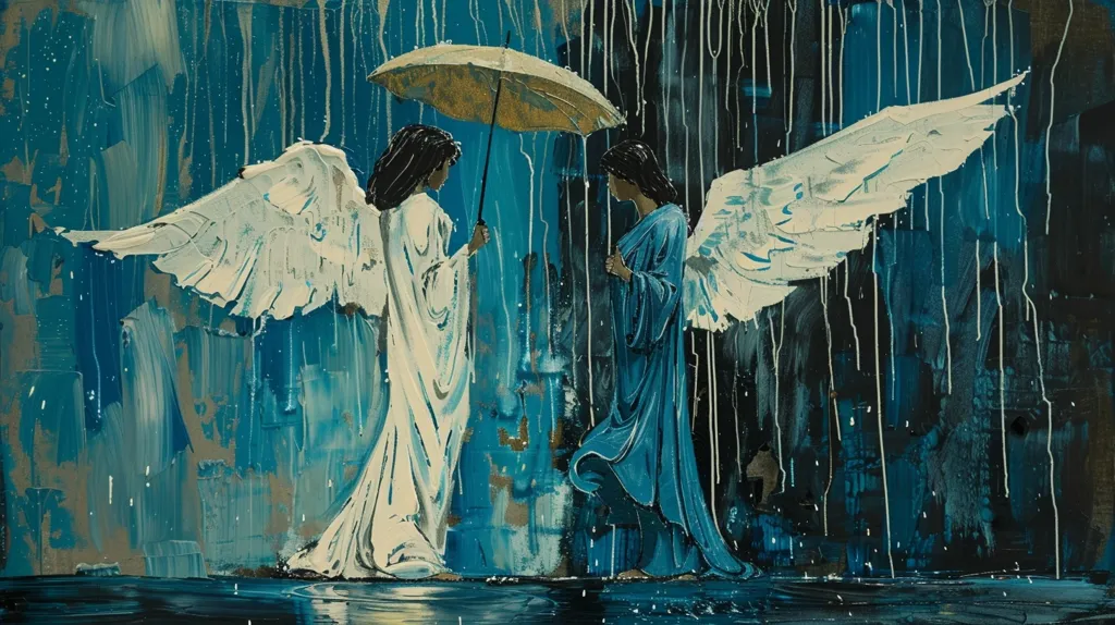 The painting depicts two angels, one in white and one in blue, standing in the rain. The angel in white is holding a golden umbrella over the angel in blue, who is looking at the viewer with a wistful expression. The background is a deep blue, with streaks of white and gold representing rain. The painting is full of emotion and evokes a sense of peace and tranquility.  The artist has used bold strokes and vivid colors to create a powerful and captivating image.  The figures are rendered in a realistic style, while the background is more abstract, adding to the ethereal quality of the painting.