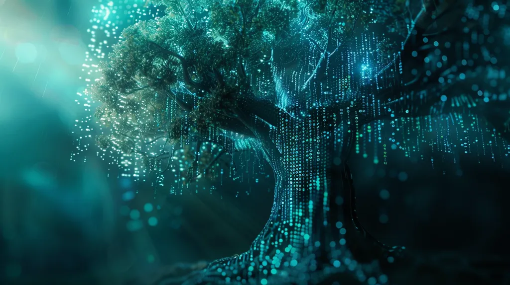A glowing, blue and green tree made of code and digital data, is illuminated by a spotlight, in a dark, forest-like environment. The branches and trunk are formed of lines of digital code, with the light reflecting off the surface. This artwork suggests a connection between nature and technology, symbolizing the growing digital world.