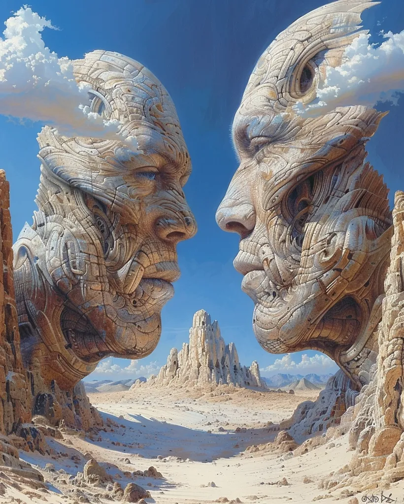 Two colossal, intricately carved stone faces, seemingly formed from the very landscape, gaze at each other across a vast, sandy desert. Their expressions are both enigmatic and poignant, their eyes seeming to hold deep wisdom and unspoken stories. In the background, a cluster of white, jagged rocks rises from the sand, resembling a distant, forgotten city.  The sky is a vibrant blue, streaked with wispy white clouds that seem to connect the two faces.  The image is a surreal and evocative depiction of a world both ancient and alien.
