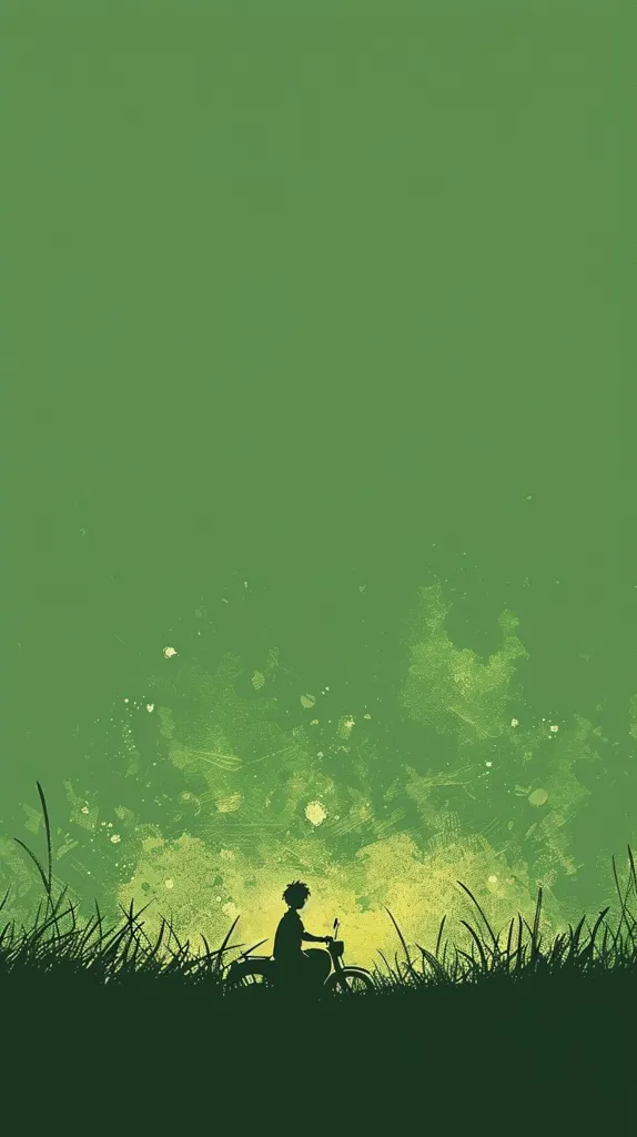 The image is a minimalist silhouette of a person riding a motorcycle through tall grass. The background is a soft green gradient with a subtle watercolor effect, creating a serene and peaceful atmosphere. The image evokes a sense of freedom and adventure.