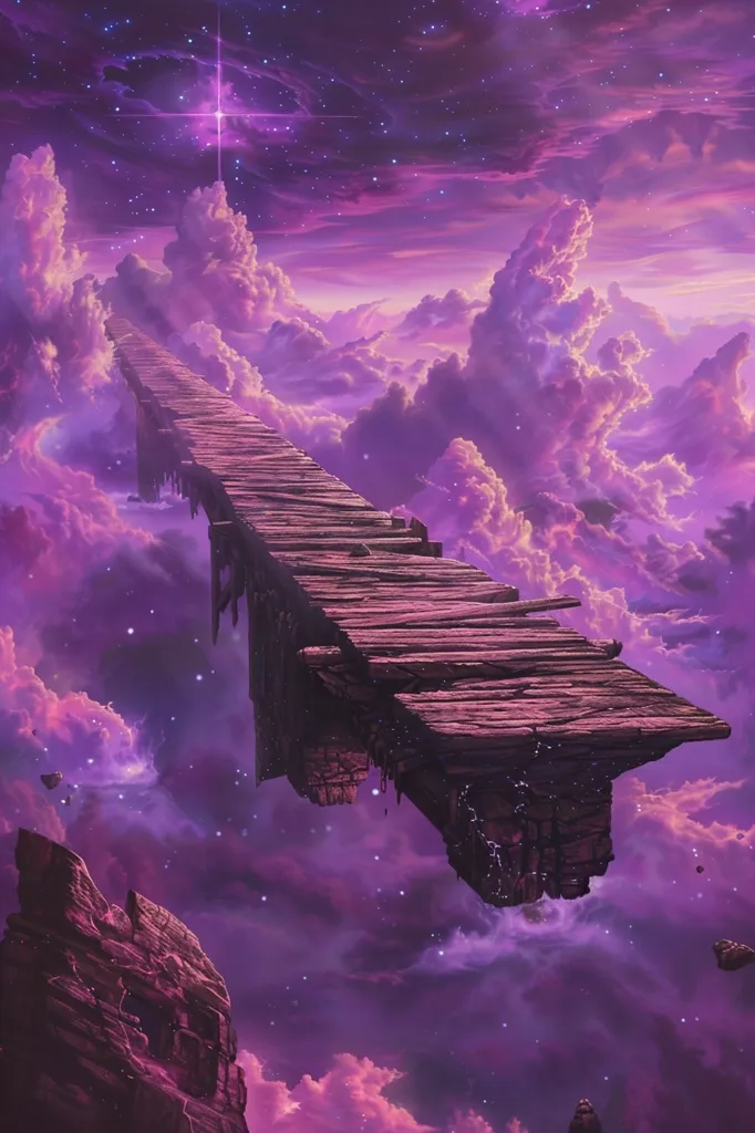 A long, wooden walkway floats through a purple and pink galaxy.  The walkway appears to be made of old wood, and it is suspended in the air.  There are clouds all around the walkway, and a bright star shines above.  The image has a mystical and ethereal feel.