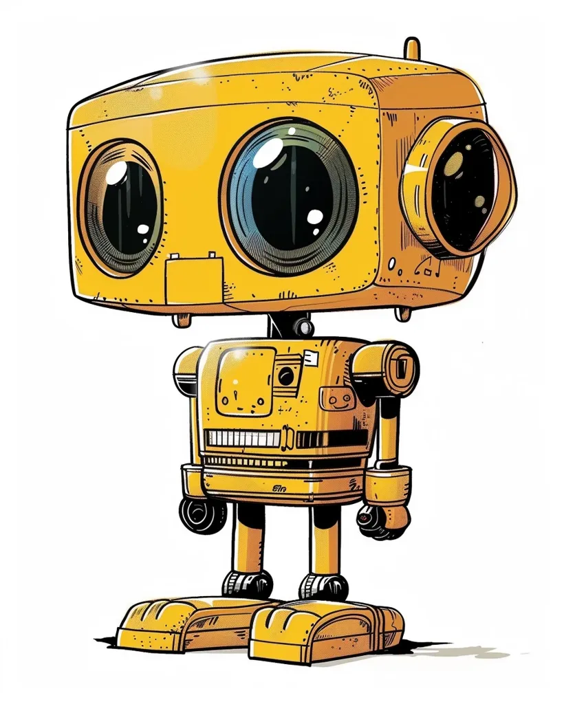 The image shows a cartoon robot. It is yellow with a large head and two big, round eyes. The head has two antennas sticking out and a large camera lens on the side. The body is rectangular with small legs and arms. The robot appears to be friendly and has a whimsical look. It is drawn in a simple style with thick black outlines. The background is white.  The image is playful and light-hearted.