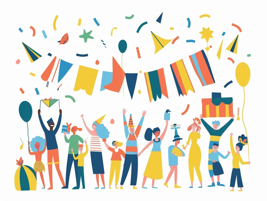 A group of people are celebrating a festive occasion. They are holding colorful balloons, flags, and gifts. There are confetti and party decorations in the background, creating a lively and cheerful atmosphere. Everyone seems happy and excited to be together.