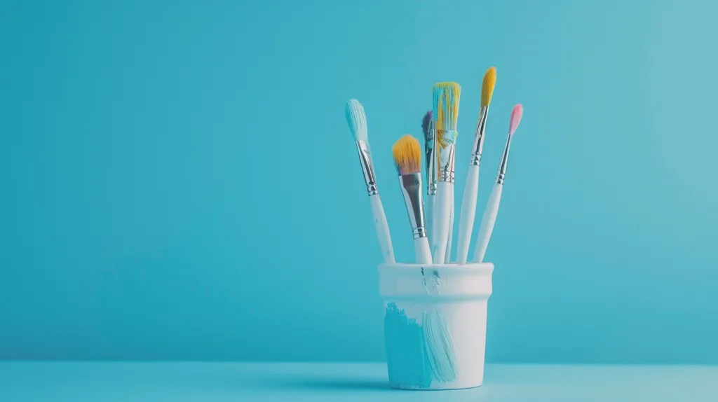 A white ceramic cup sits on a vibrant blue surface. Inside the cup are five paintbrushes with various colors of paint on the tips. The brushes are organized and ready for artistic creation. The blue background complements the colorful paintbrushes, creating a visually pleasing composition.
