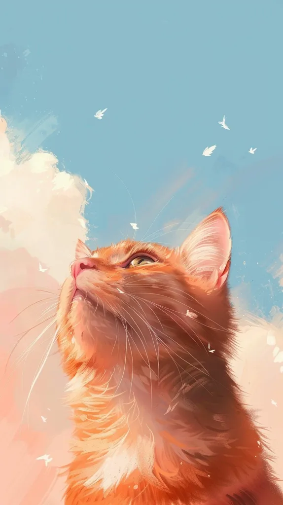 A ginger cat with green eyes gazes upwards at a bright blue sky dotted with fluffy white clouds and small white birds. The cat's fur is soft and fluffy, and its whiskers are long and delicate. The image captures a moment of tranquility and peace.