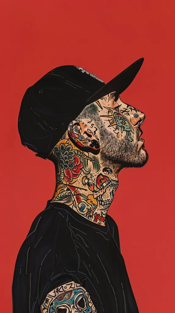 A man with a black baseball cap and a black t-shirt looks to the right. He has tattoos covering his face, neck, and arm. He is looking out into the distance with a serious expression on his face. He is standing in front of a solid red background. The image is stylized and has a graphic look.
