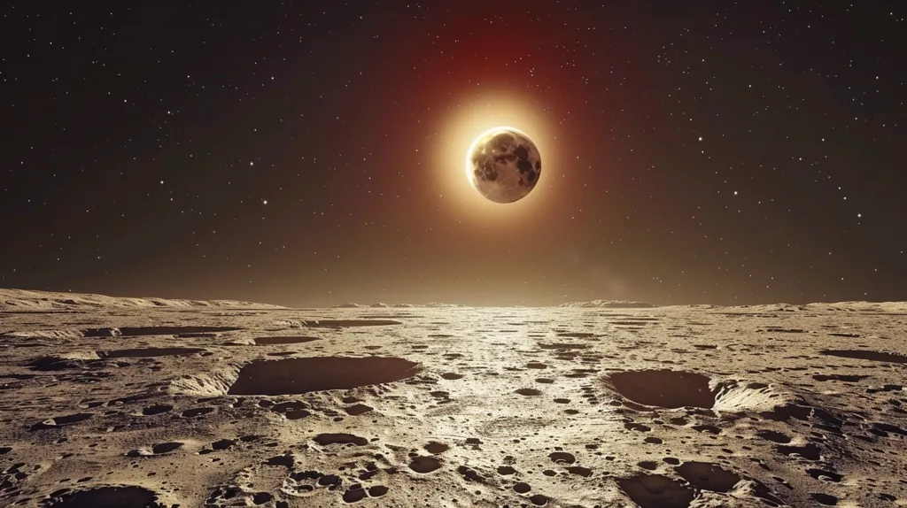 The image depicts a lunar eclipse occurring over a barren, cratered landscape. The moon is in the center of the frame, partially obscured by the Earth's shadow, with a faint glow emanating from its edges. The sky is filled with stars, providing a contrasting backdrop to the desolate lunar surface. The craters and rough terrain create a sense of otherworldly isolation and vastness.