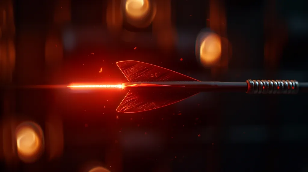 A single dart is shown flying through the air, with the red fletching glowing brightly against a dark background. Out of focus orbs of light are visible in the distance. The image is stylized and suggestive of energy and movement.