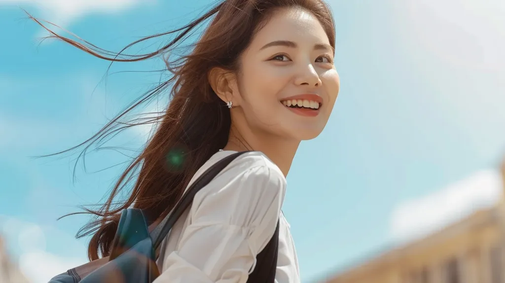 A young woman with long brown hair, wearing a white shirt and a black backpack, smiles brightly as she looks over her shoulder. The wind whips her hair back and a building is blurred in the background. She radiates happiness and a carefree attitude.  The sky is a clear blue with soft white clouds.