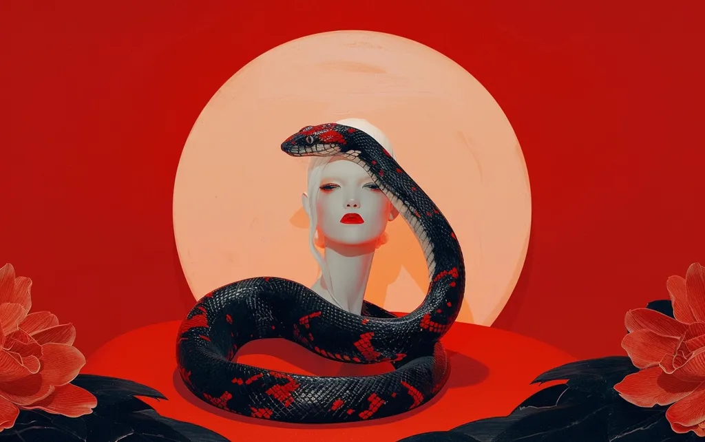 A white-skinned woman with red lips is adorned with a black and red snake. The snake is coiled around her head and neck, its scales catching the light. The background is a vibrant red with a large orange circle, and red flowers frame the image. The composition evokes a sense of danger, beauty, and mystery.