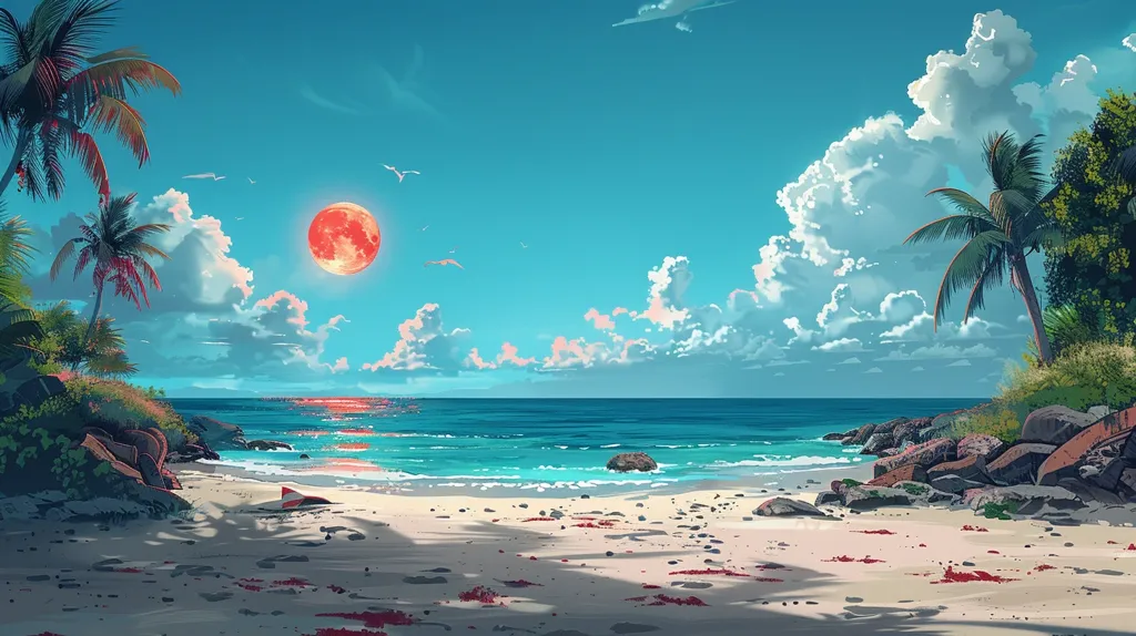 The image depicts a serene tropical beach scene under a vibrant sky. Lush palm trees line the shoreline, their shadows stretching across the white sand. A large, bright red moon hangs in the sky, casting a warm glow on the tranquil ocean. The water is a beautiful shade of turquoise, with gentle waves lapping against the shore. The overall impression is one of peace and serenity, perfect for a relaxing escape.