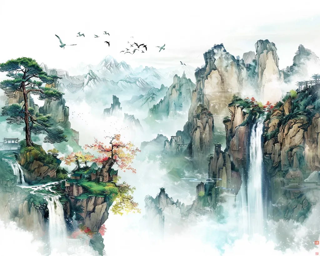 The painting depicts a misty mountain landscape in a traditional East Asian style. Lush greenery and waterfalls cascade down rocky cliffs, while delicate birds soar through the air. The mountains recede into the distance, shrouded in mist, creating a sense of serenity and tranquility. The use of light washes of color evokes a feeling of ethereal beauty.