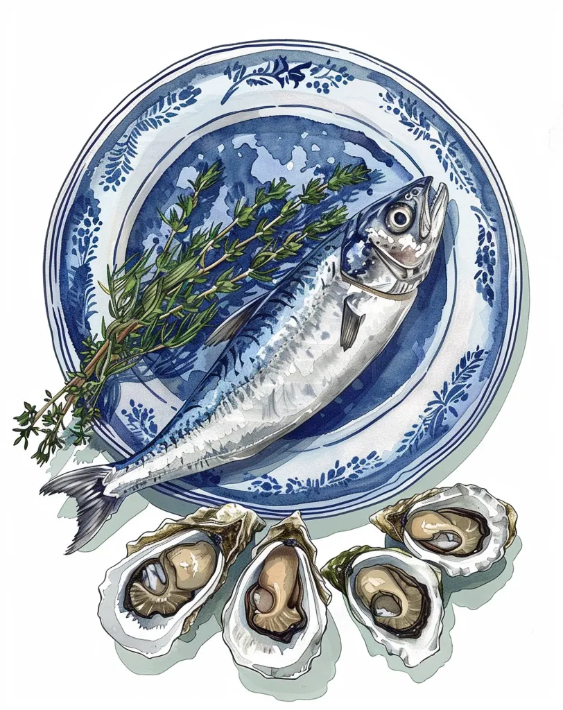 A watercolor illustration of a blue and white plate with a whole fish, sprigs of thyme, and four open oysters. The fish is lying on the plate with its tail extending out. The oysters are arranged around the plate in a semi-circle. The illustration is done in a realistic style and has a light and airy feel.
