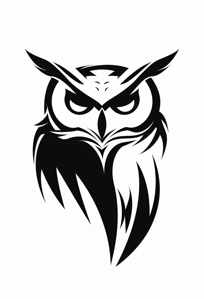 The image is a black and white illustration of an owl's head. It is a stylized design, with the owl's features exaggerated. The owl has large, round eyes, a sharp beak, and feathered wings that are stylized into a series of sharp points. The owl's face is fierce and predatory, with its eyes wide open and its beak pointed. The overall effect is one of power and intensity. The background is white, which makes the owl stand out even more.