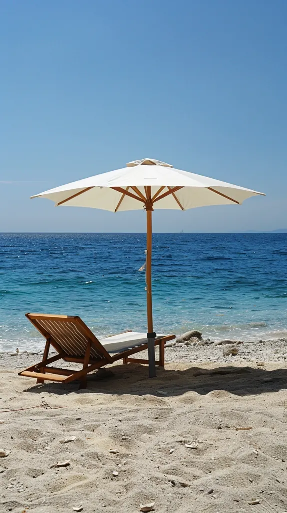 A white beach umbrella shades a wooden lounge chair on a sandy beach. The clear blue water of the ocean stretches out in the background, under a bright blue sky. The scene is peaceful and inviting, perfect for relaxation and enjoying the sun.