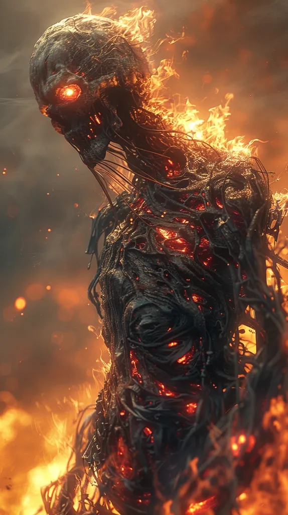 The image depicts a monstrous, skeletal figure engulfed in flames. It has a twisted, skeletal face with glowing red eyes. Its body is a tangled mass of charred flesh and glowing embers, with streaks of fire and smoke trailing behind it. The background is a hazy orange and yellow, suggesting a scene of intense heat and destruction. The overall impression is one of fearsome power and impending doom.