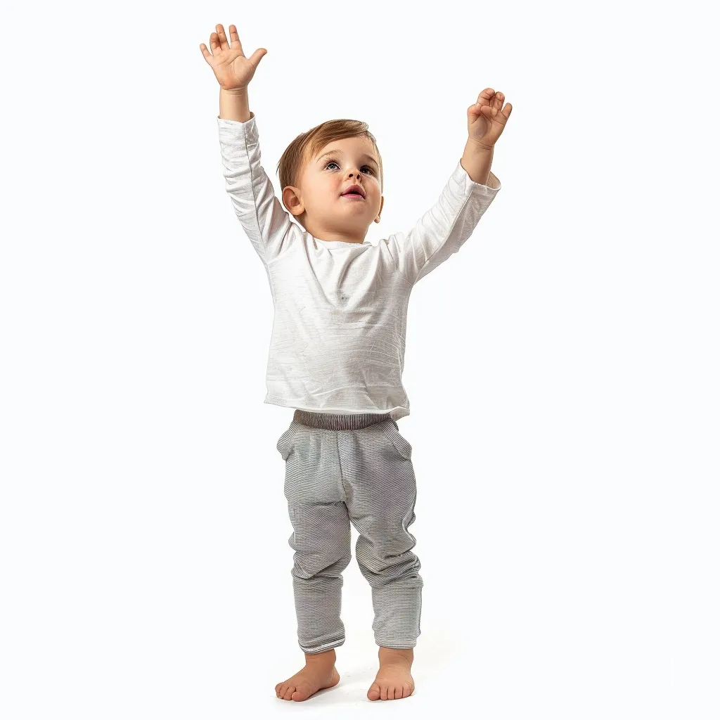 A young boy with short brown hair is standing with his arms raised above his head. He is looking up at something off camera. He is wearing a white long-sleeved shirt and grey striped pants. He is barefoot and standing on a white background. The boy appears to be reaching for something out of reach. His expression is curious and eager.