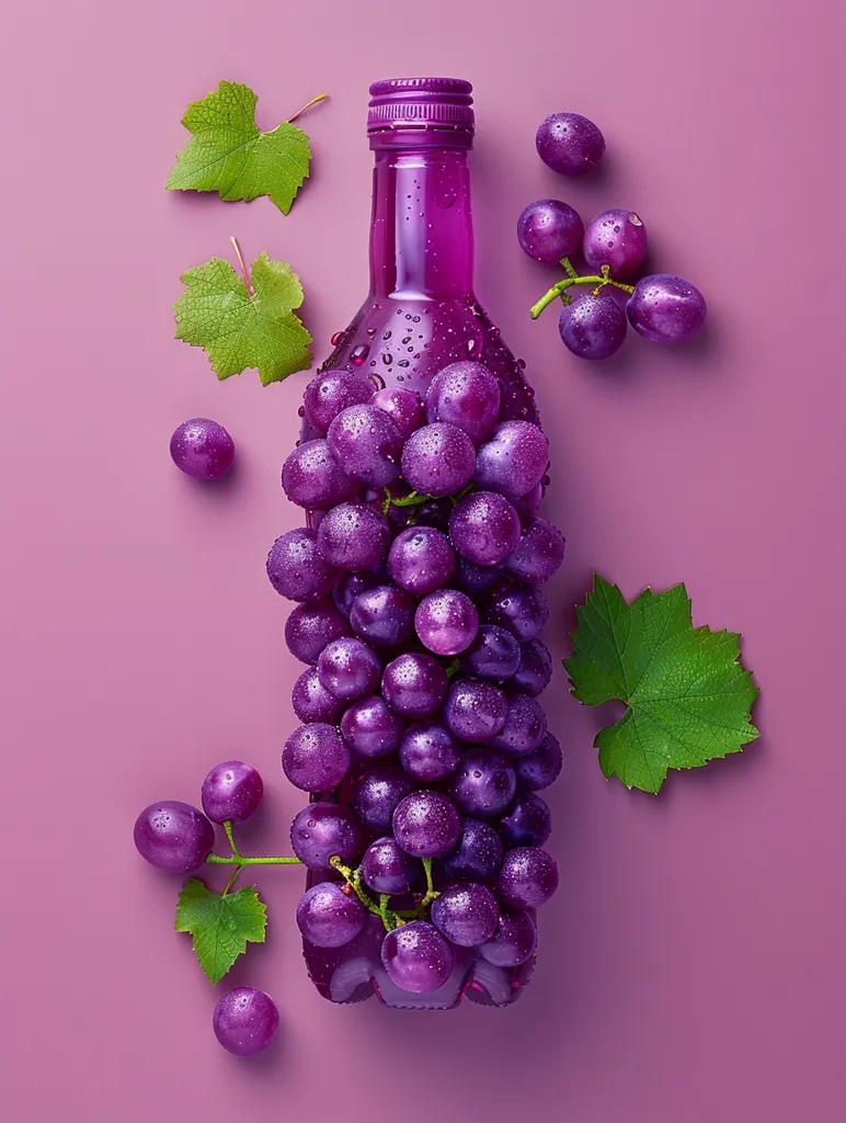 A purple glass bottle of wine is surrounded by clusters of purple grapes and green leaves. The grapes are arranged in a vertical line, creating a visually appealing and unique composition. The background is a solid purple, which further highlights the vibrant colors of the fruit and leaves. The image is a playful and modern take on the classic theme of grapes and wine.