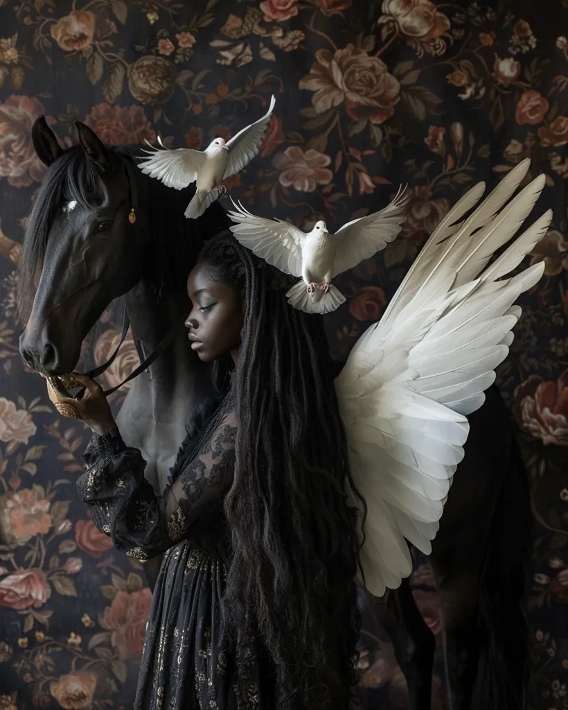 A young woman with long black dreadlocks, wearing a black dress and holding a black horse's reins, stands in front of a dark floral background.  Two white doves fly above her head, and a large white angel wing is attached to her back, suggesting a sense of both darkness and light.  The image creates a mysterious and ethereal atmosphere.