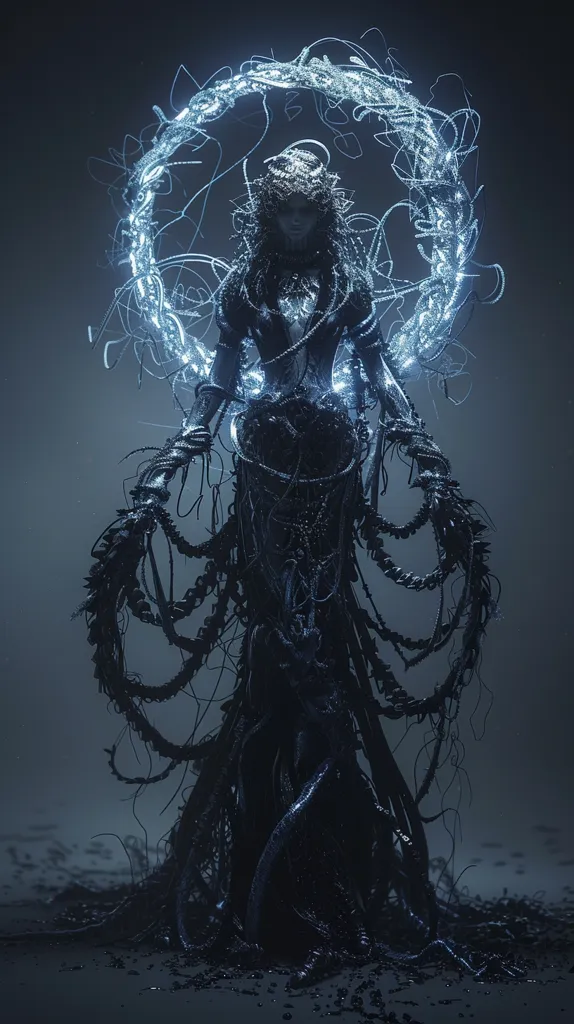 A shadowy figure stands amidst a swirling, ethereal ring of blue light.  The figure is cloaked in a dark, intricate web of tendrils and appears to be a woman with long, flowing hair. The dark background creates a sense of mystery and intrigue. The overall image evokes a sense of otherworldly power and magic.