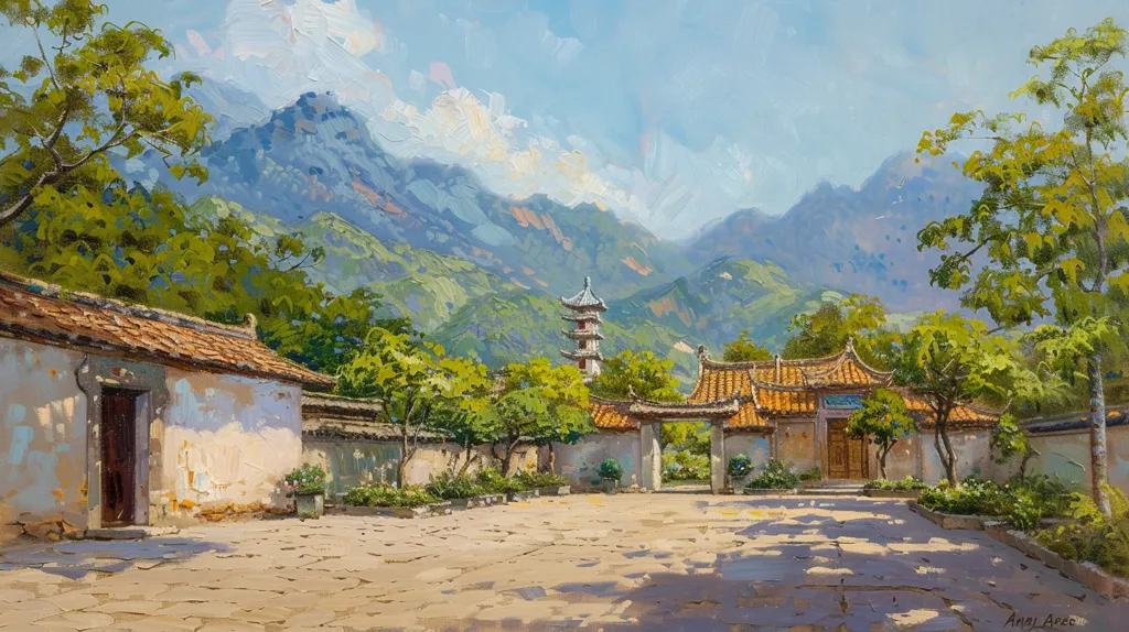 A picturesque scene of a traditional Chinese village nestled amidst rolling green mountains. A stone courtyard, lined with low white buildings and lush greenery, leads towards a tall pagoda. The sun casts long shadows, creating a sense of tranquility.  The sky above is a clear blue, with fluffy white clouds adding to the charm of the scenery.
