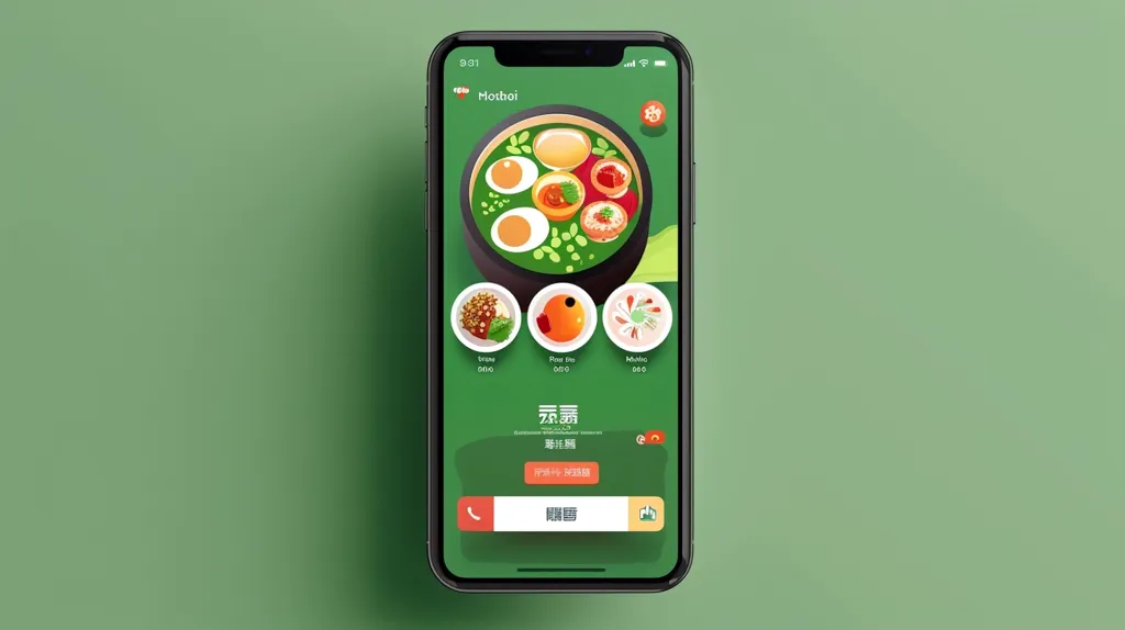The image shows a mobile phone screen displaying a food delivery app. The app features a bowl of soup with various ingredients, including eggs and vegetables. Below the image of the soup, there are three smaller images of other dishes with their names written underneath. The app has buttons for ordering, viewing the menu, and calling the restaurant. The background is a soft green color.