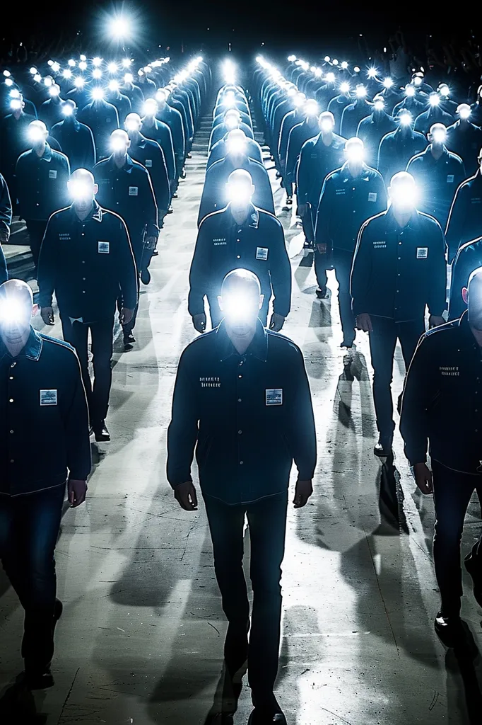 A long line of people in identical dark blue jackets and jeans walk in a single file line towards the viewer. Their faces are obscured by blinding light, creating a sense of anonymity and conformity. The image conveys a sense of uniformity and control within a seemingly endless procession of individuals.
