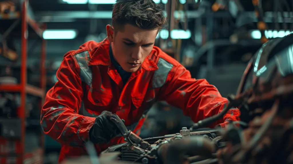A mechanic in a red jumpsuit works on the engine of a car. His face is focused as he uses tools to repair the vehicle. The dark garage setting emphasizes the mechanic's task and the complexity of the machinery.