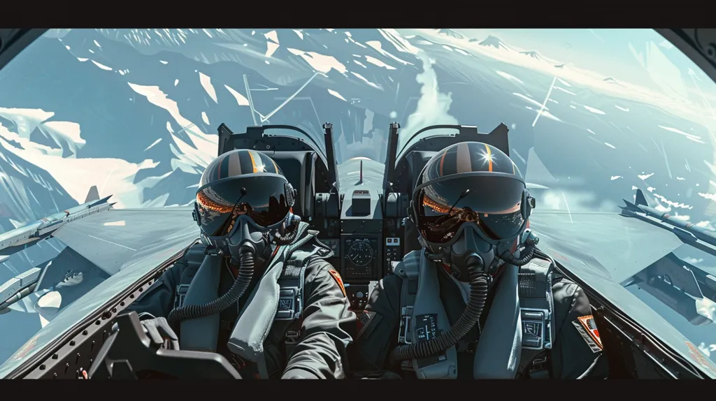 Two pilots in a fighter jet cockpit, wearing helmets and oxygen masks, gaze out over a snowy mountain range. The cockpit is filled with dials and gauges, and the view outside is breathtaking. The pilots are focused and determined, ready for whatever challenges lie ahead. The image evokes a sense of adventure and danger, and the pilots' expressions suggest both excitement and a sense of responsibility.