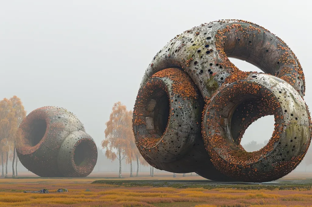 Two large, weathered, circular structures, resembling giant donut shapes with holes and an orange-brown coating, sit in a field of dry grass. The structures are partially obscured by a hazy, foggy atmosphere, giving the scene an eerie, otherworldly feel.  Behind them, a row of trees stands in the distance.