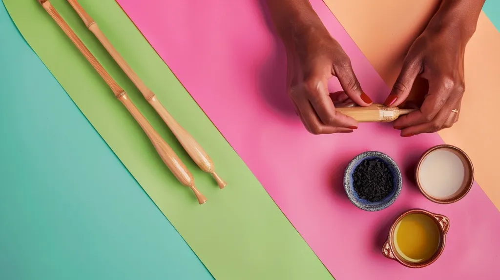 Two wooden sticks lay on a bright green surface, a light blue surface, and a pink surface. A pair of hands holds a thin wooden stick with white tape on it. Three small bowls filled with black charcoal, white liquid, and yellow liquid sit on the pink surface.