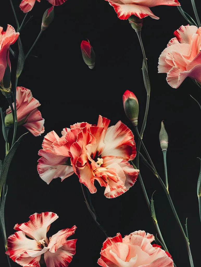 The image shows a beautiful arrangement of pink and red carnations, with dark green stems and leaves, against a black background. The flowers are in full bloom, showcasing their delicate petals and vibrant colors. The image captures the elegance and beauty of these blooms.