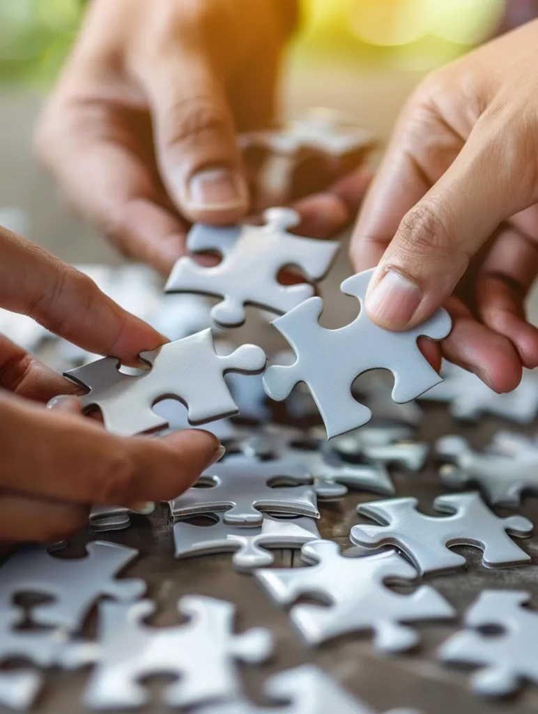 Two hands carefully place puzzle pieces onto a partially completed jigsaw puzzle. The pieces are white, and the background is blurred, creating a soft and focused image. The photo emphasizes the collaborative nature of solving a puzzle, with each hand playing a crucial role in completing the picture.  The focus is on the hands and the pieces, suggesting a moment of concentration and teamwork.