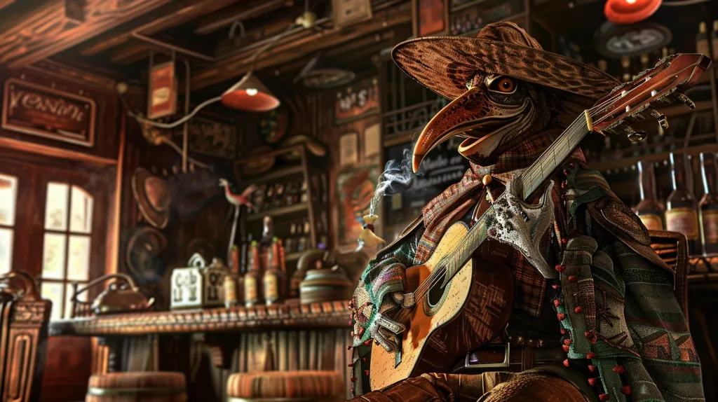 A bird-like creature with a long beak, wearing a wide-brimmed hat and a colorful cloak, sits in a dimly lit saloon. It holds a guitar in its clawed hands and appears to be playing music. The saloon has a rustic wooden interior with shelves filled with bottles and various trinkets. Smoke curls from a nearby object. The scene suggests a fantastical, perhaps even slightly eerie, atmosphere.