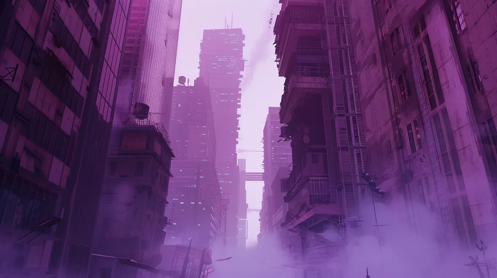 A narrow alleyway in a futuristic city, bathed in a hazy, purple light. Tall buildings line the sides, their windows glowing with an ethereal light. A sense of mystery and intrigue hangs in the air, as if the city holds secrets hidden from view. The image has a cyberpunk aesthetic, with its blend of high-tech architecture and a dimly lit, almost ominous atmosphere.