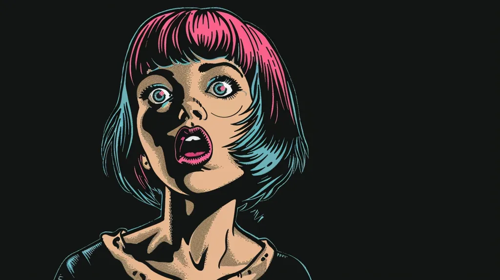 The image is a close-up of a woman with pink and blue hair, looking upwards in a state of shock. Her eyes are wide and her mouth is open in a silent scream. The background is a solid black, highlighting her expression of fear and surprise.  The style of the image is graphic and illustrative, giving it a comic book aesthetic.  The image evokes a sense of  intense emotion and suspense.