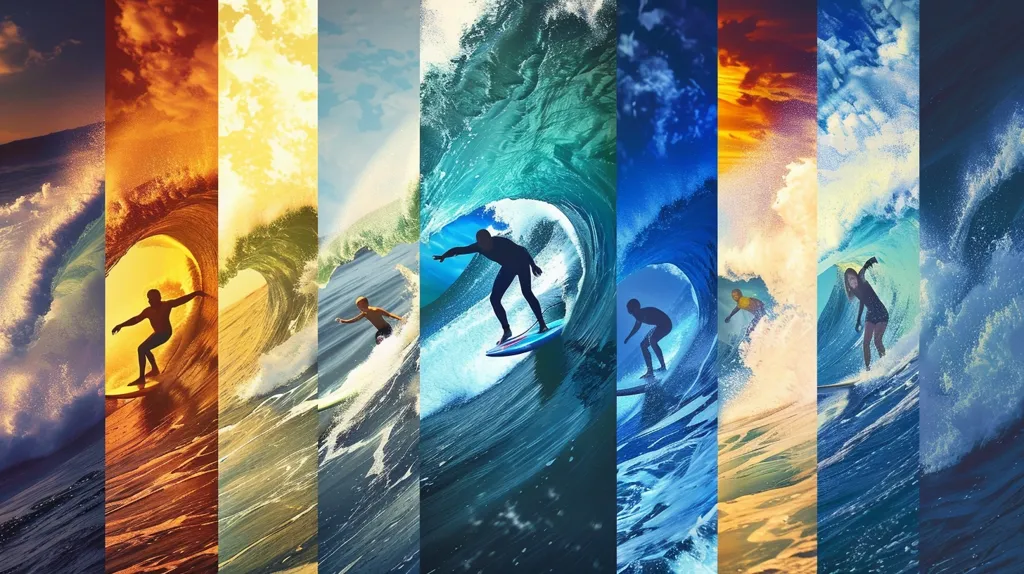 The image is a collage of six vertical panels, each depicting a surfer riding a wave.  The surfers are silhouetted against vibrant backgrounds that range from warm sunset tones to cool blues and greens, creating a dynamic and colorful composition. The image evokes a sense of freedom, adrenaline, and the beauty of nature.
